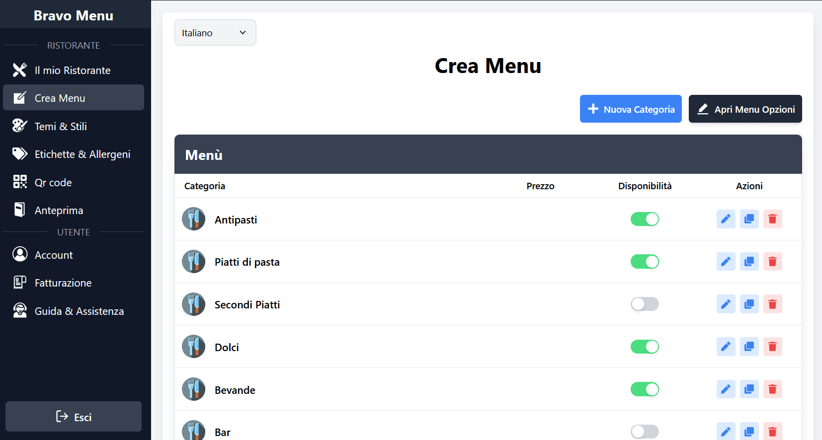 bravomenu user interface
